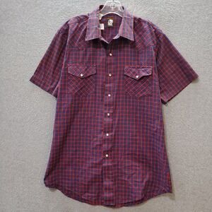 VINTAGE Karman Men Button Up Shirt 16 Red‎ Plaid Western Pearl Snap X Long Tail